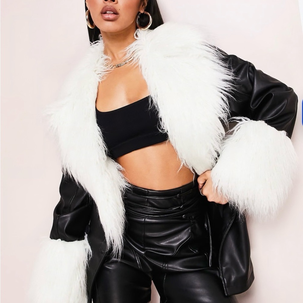 ASOS LUXE pu tie waist jacket with shearling collar and cuffs in black
